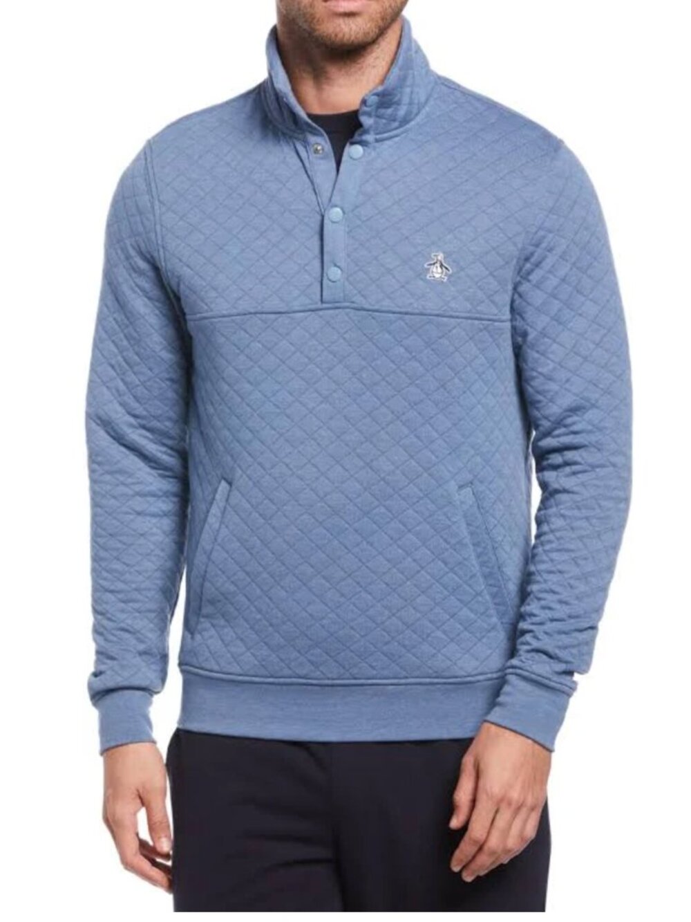 Original Penguin Quilted Snap Pullover Mock Neck Blue Size Large